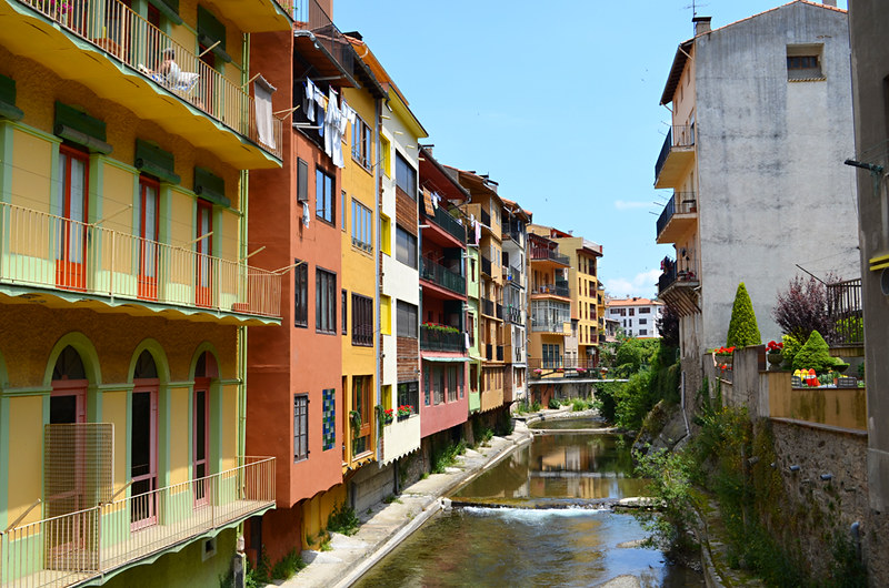 Colourful riverside houses, Camprodon, Pyrenees, Spain