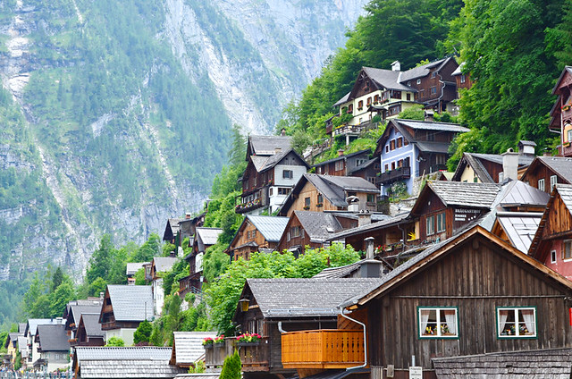 Wooden houses tucked into the hillside, Hallstatt, Austria