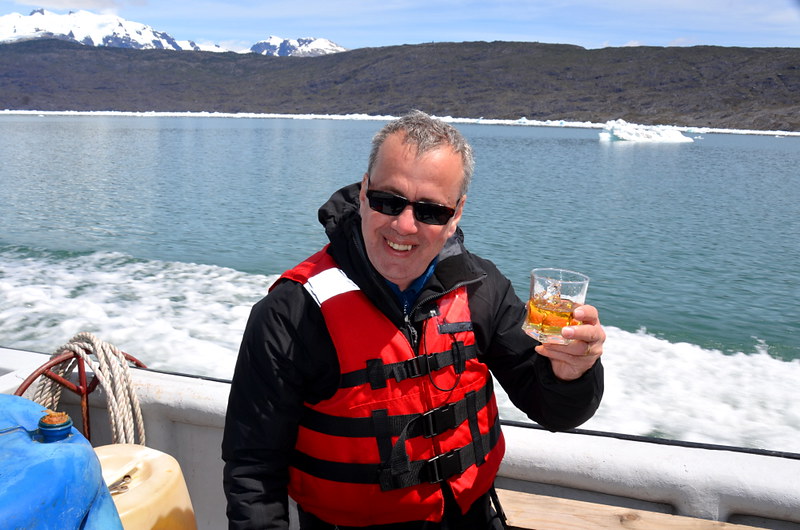 Raising a glass to Jorge Montt with ice from the glacier