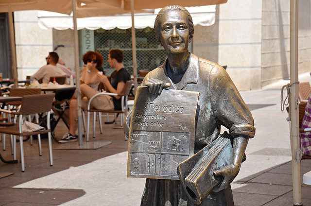 Statue of local newspaper seller, Caceres, Extramadura