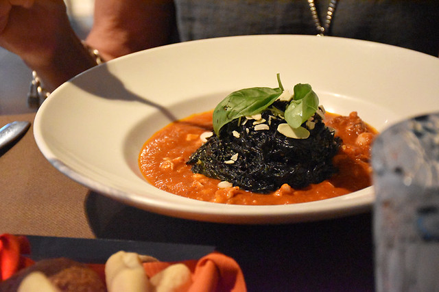 Black noodles, pesto and almonds in seafood sauceImpronta Cafe, Dorsoduro, Venice