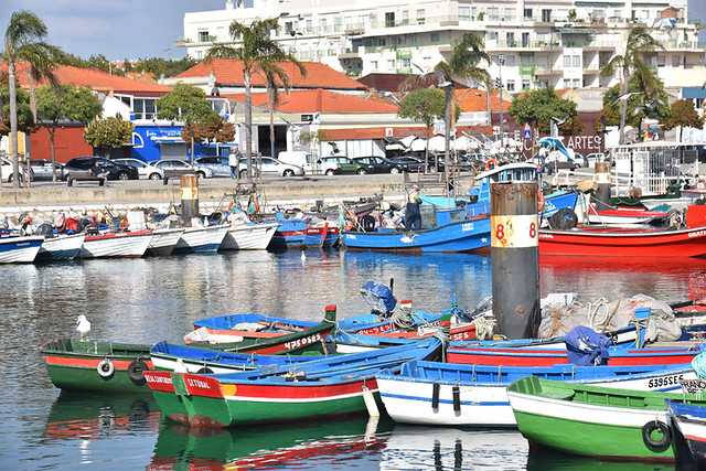 Harbour with fish restaurants at rear, Setubal, Portugal