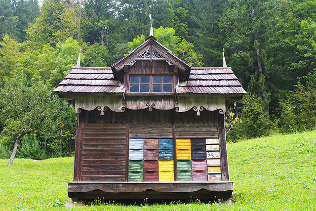 Traditional ornate beehives, Logarska Dolina