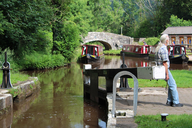 Opening the lock gate, Monmouthshire and Brecon Canal, Wales