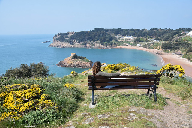Andy on bench, Noirmont Headland, Jersey