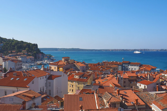 View across rooftops from the old wall, Piran, Slovenia